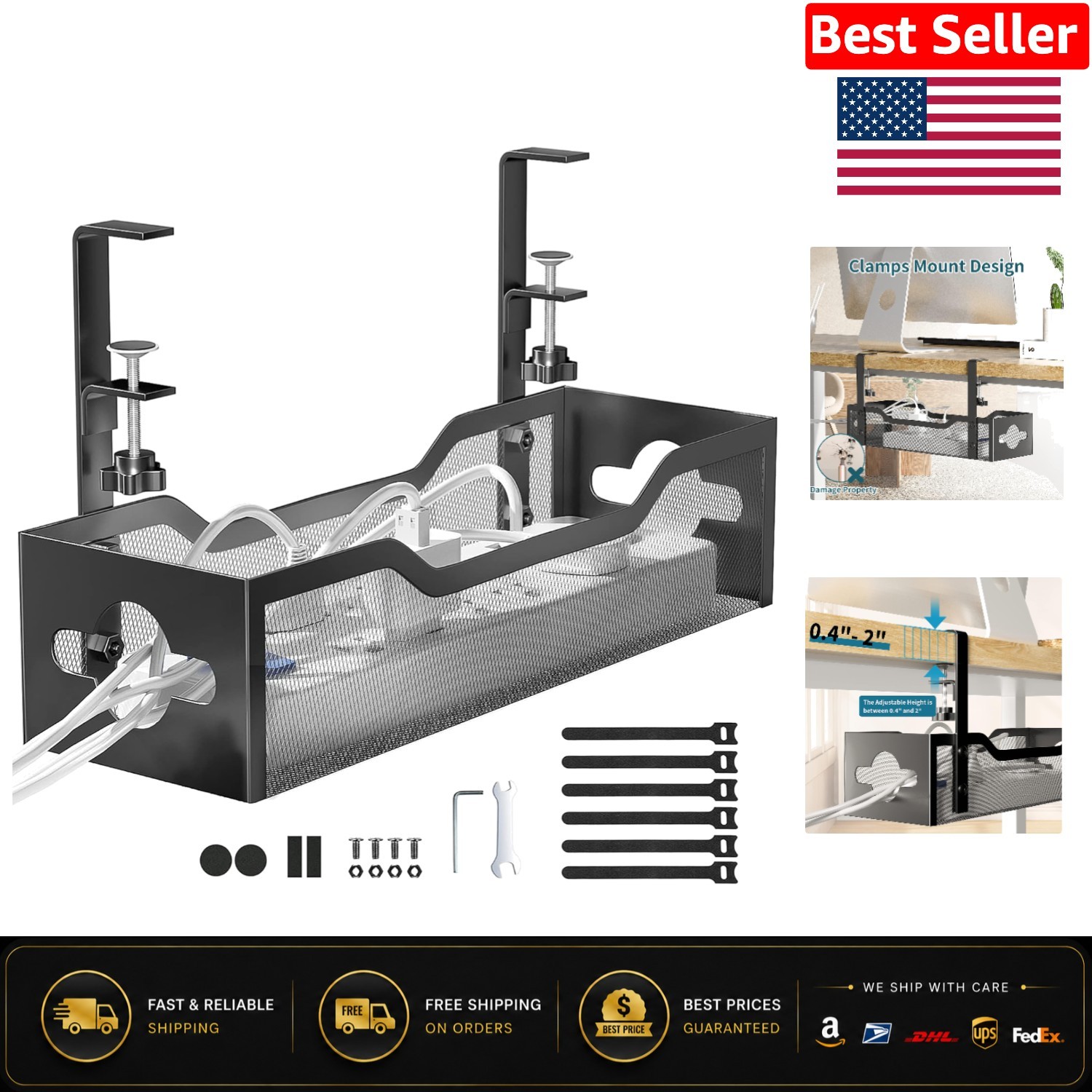 Durable Under Desk Cable Management Tray - Fits 0.4-2” Desks, Modern Style