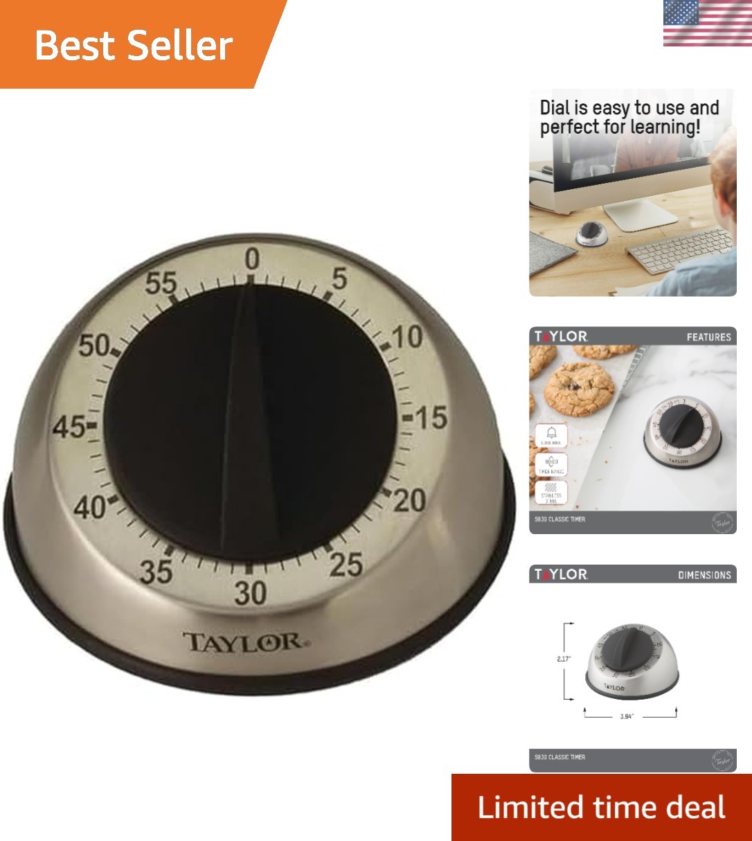 Mechanical Timer, Countdown with Easy-Turn Dial and Loud Ring Alarm, Compact ...
