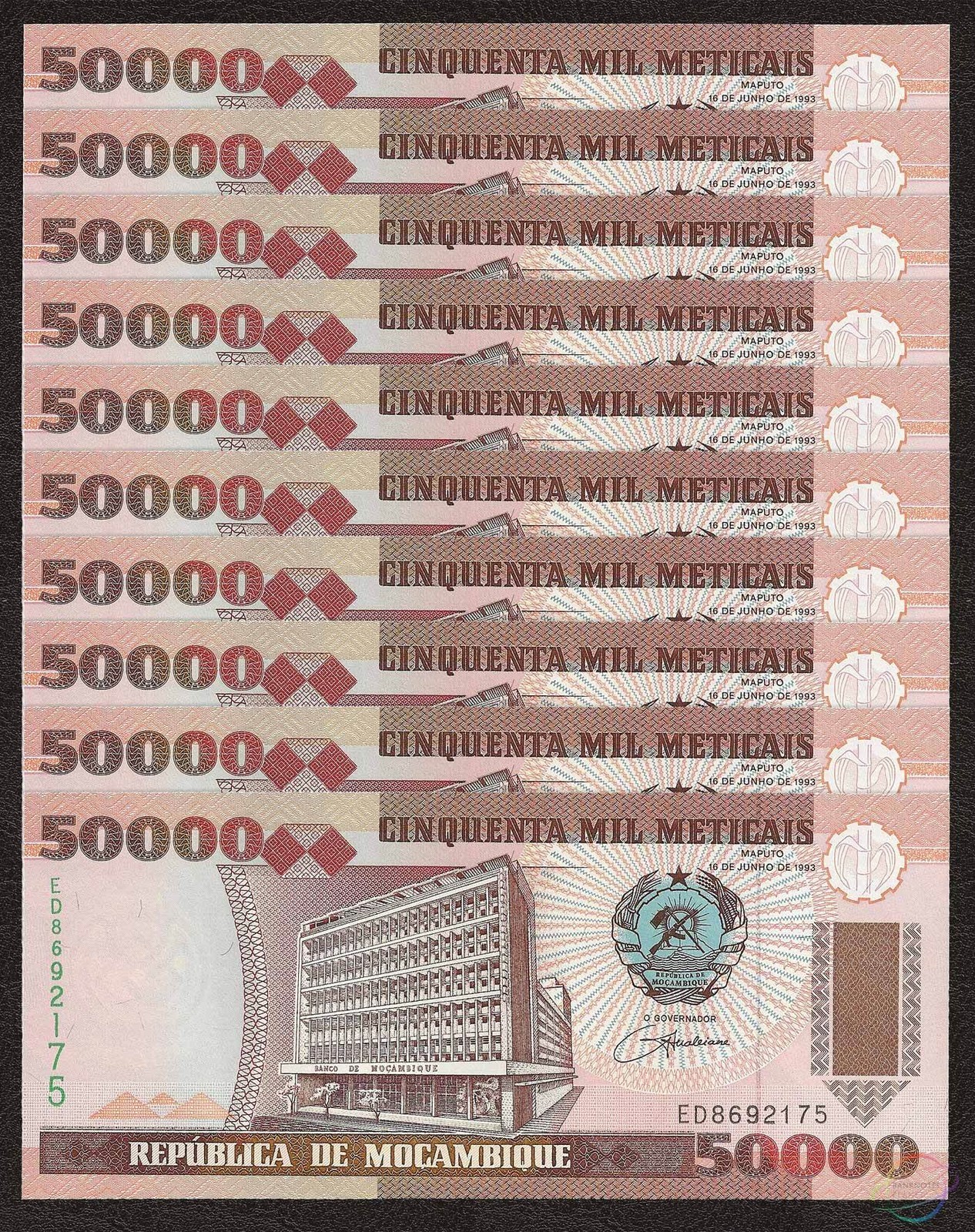 MOZAMBIQUE 50,000 50000 Meticais X 10 PCS 1993 P-138 1/10 Bundle UNC