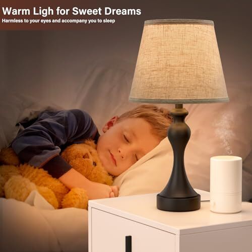 Bedroom Lamps Set of 2 - Bedside Lamps with USB A+C C. Beige Shade & Black Base
