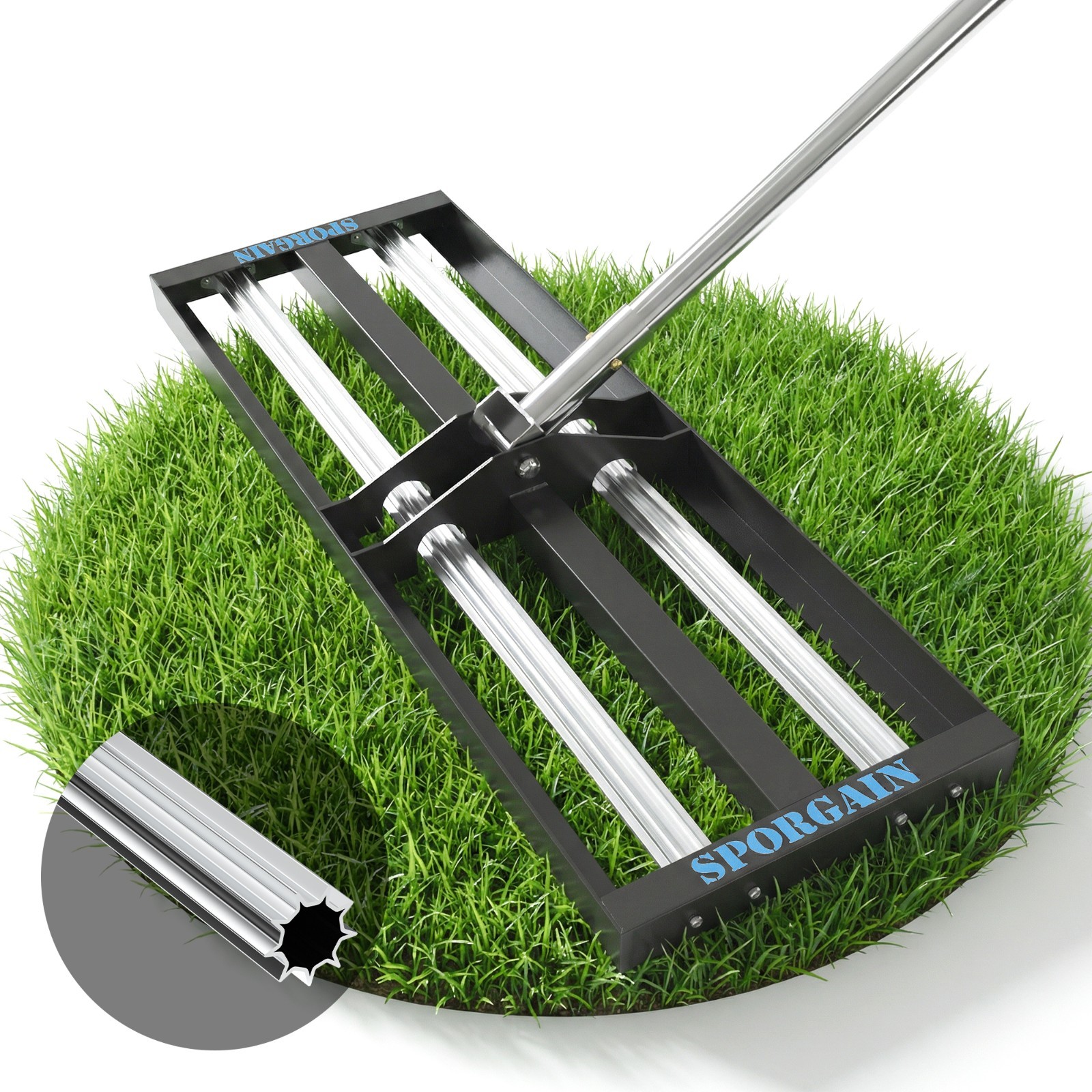 Updated Lawn Leveling Rake with Aluminum Rollers, 17"x10" Stainless Steel Handle