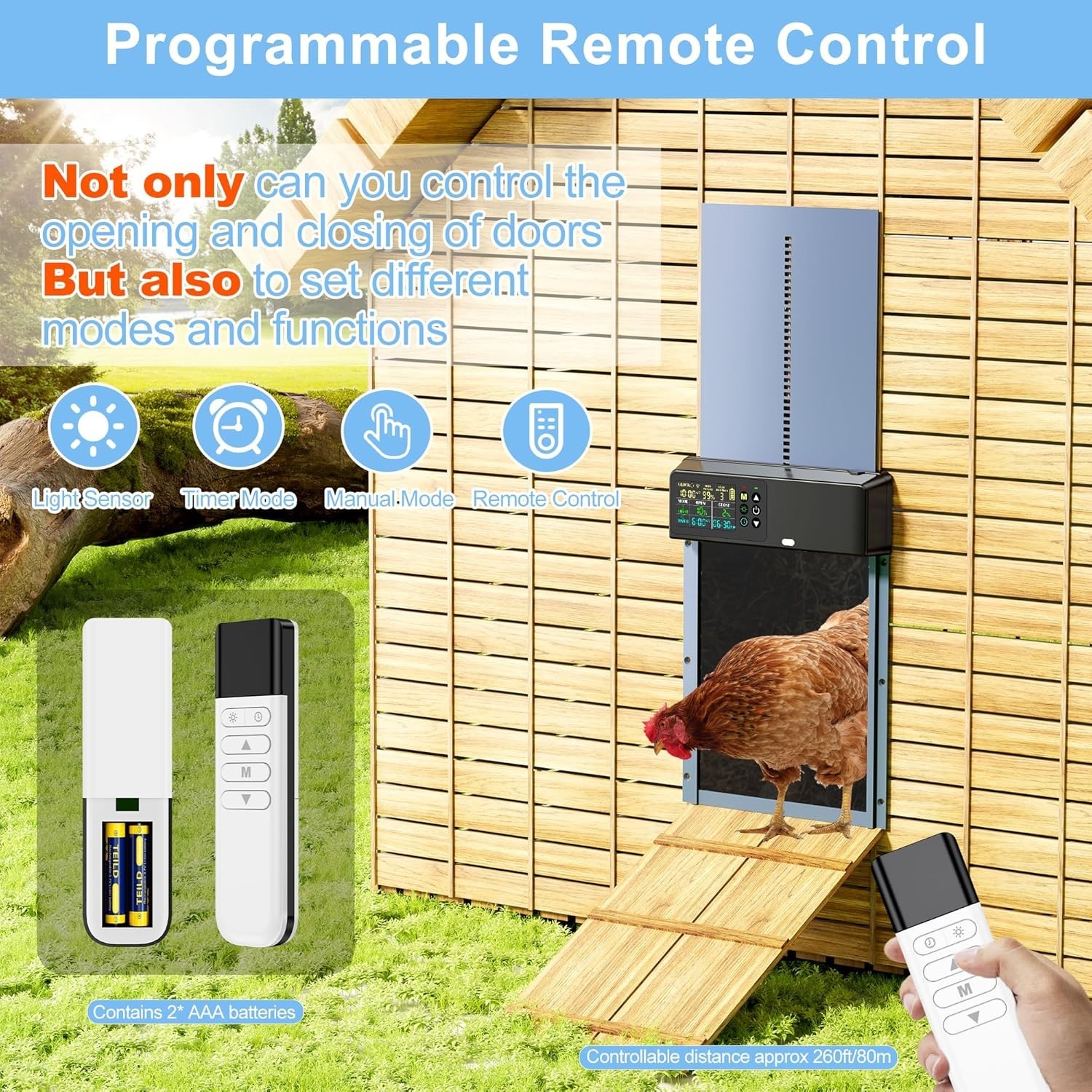 Automatic Chicken Coop Door Solar Powered with Programmable Remote, 4 Modes ....