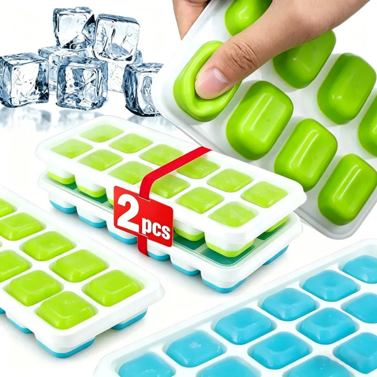 Ice Cube Tray, 2/ 4Pack Silicone Ice Tray, 14 Ice Cube Molds with Lids, Stackabl