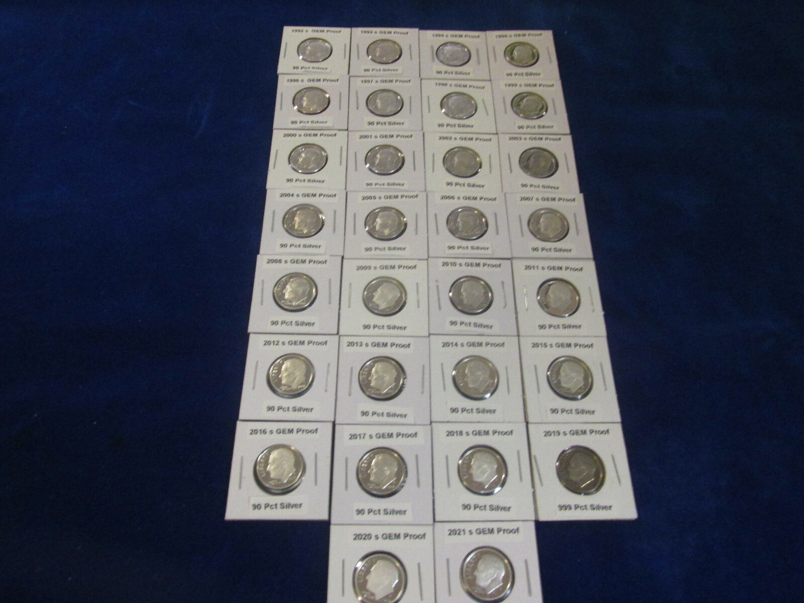 Complete Set of 30 Silver Proof Roosevelt Dimes (1992s-2021s)