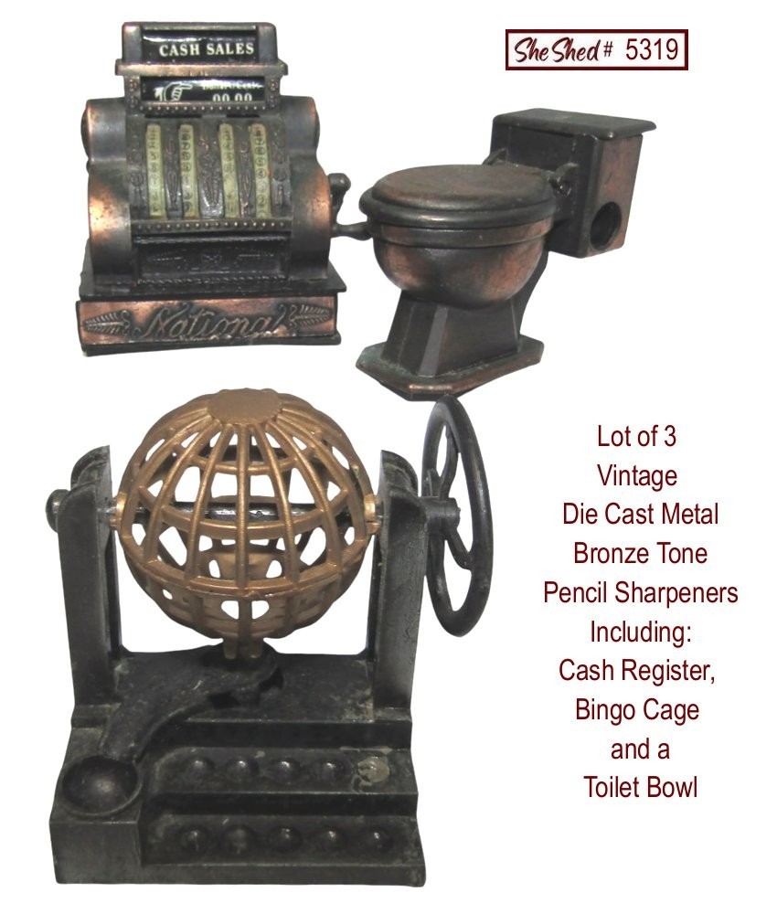Vintage Lot of 3 Pencil Sharpeners - Cash Register, Bingo Cage, Toilet - VGC