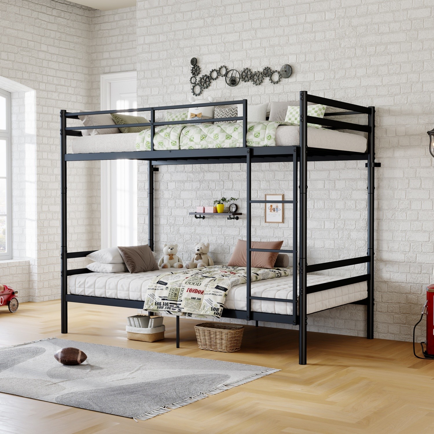 Metal Bunk Bed Twin over Twin Convertible to 2 Beds with Guardrail Sturdy Black