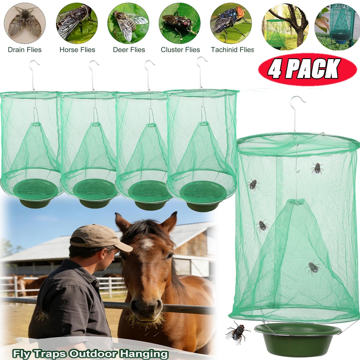 4 X Fly Trap Ranch Reusable Catcher Killer Cage Net Pest Bug Catch Hanging Horse