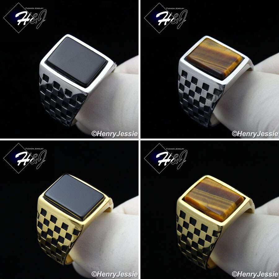 MEN's Stainless Steel Black Onyx/Tiger Eye Silver/Gold Plated Mosaic Ring*R136