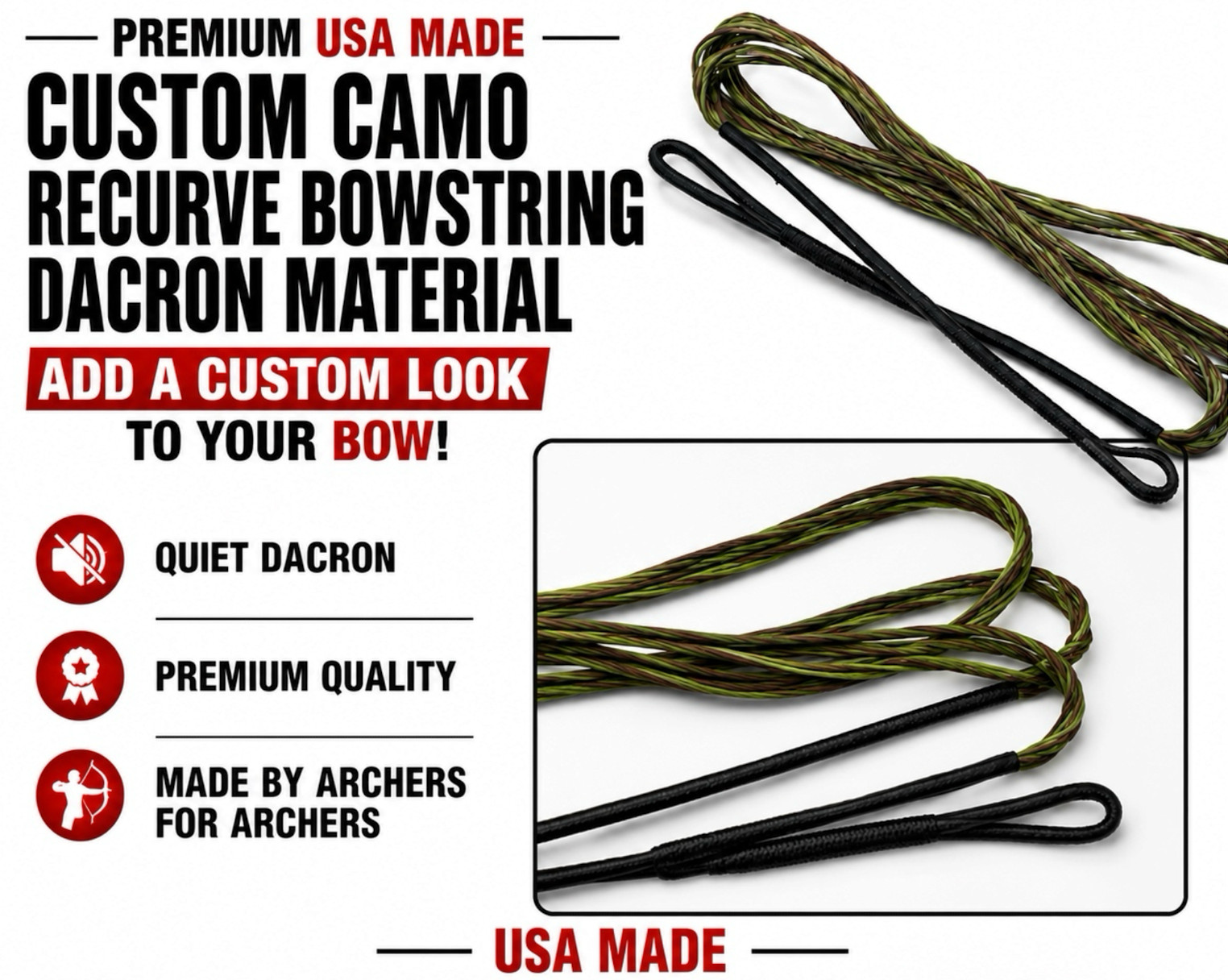 B-50 CAMO 14 STRAND RECURVE BOWSTRING BOW STRING ARCHERY - ACTUAL LENGTH STRING