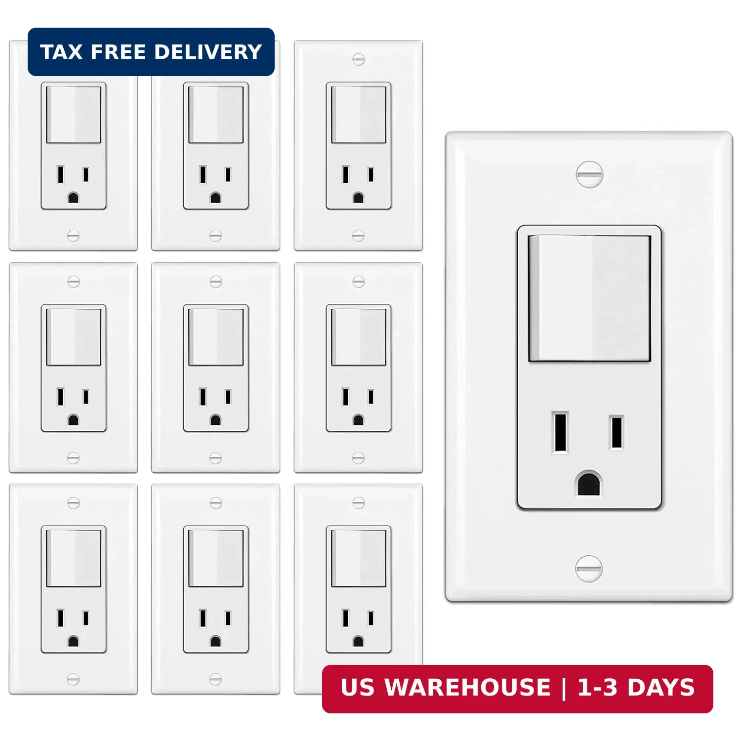 BESTTEN 10 Pack Combination Wall Light Switch and Decor Outlet, Single Pole Rock