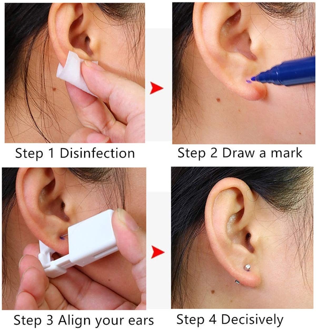 4Pcs Ear Piercing Disposable Kit Silver Stud Earring Gun DIY Home Self Ear Sets