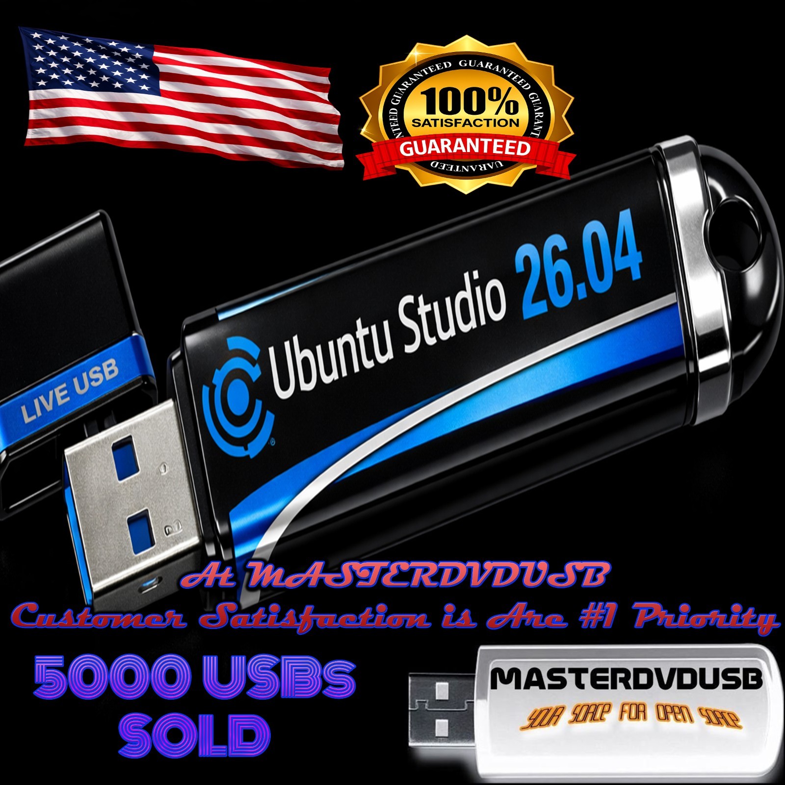 Ubuntu Studio 26.04 Bootable USB Flash Drive — Same Day Shipping from California