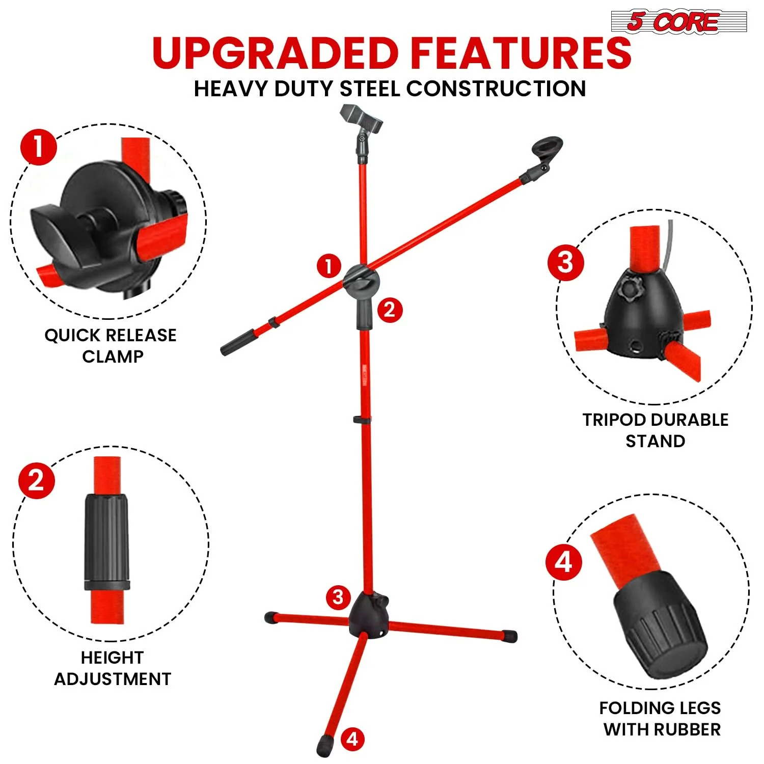 5 Core Microphone Stand Floor Height Adjustable w Extending Telescoping Boom Arm