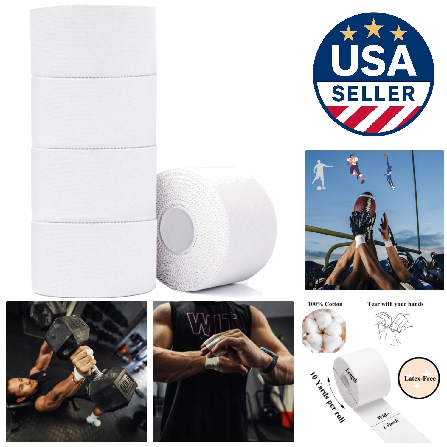 High-Quality Athletic Tape - Latex-Free, Tearable, 5 Rolls for Sports Success