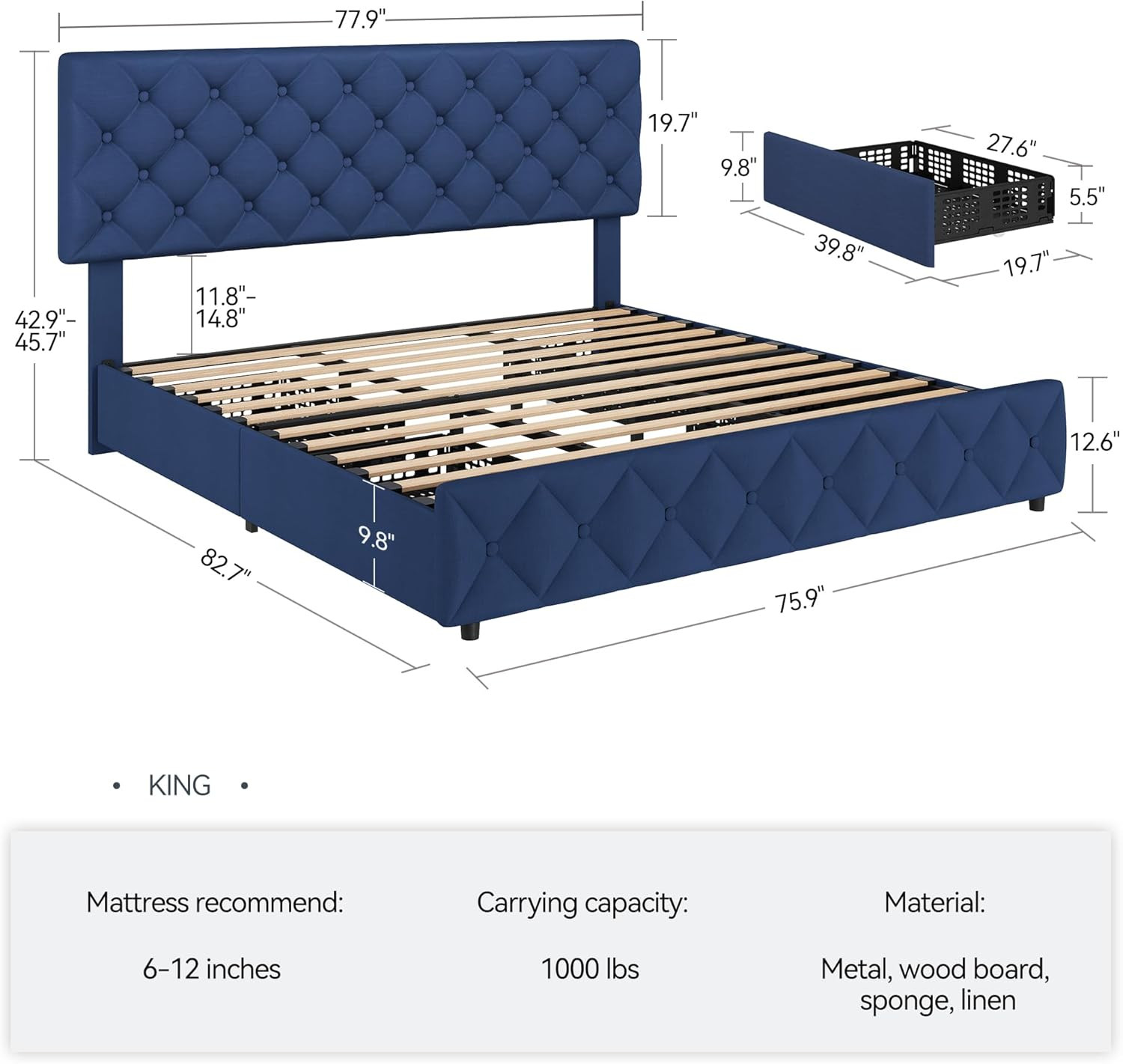 Stylish King Size Bed Frame with Storage Drawers & Adjustable Headboard - Blue
