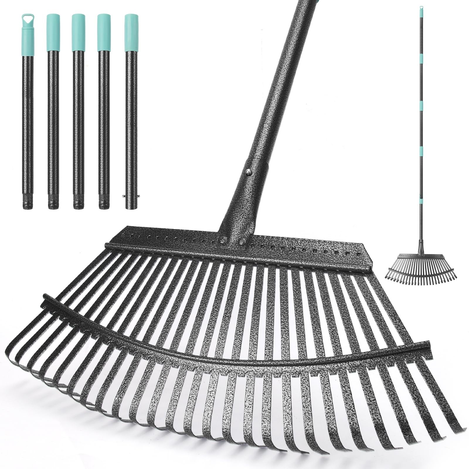 Garden Leaf Rake 18.5 Inch Wide Heavy Duty 25 Metal Tines 6 FT Handle Lawn