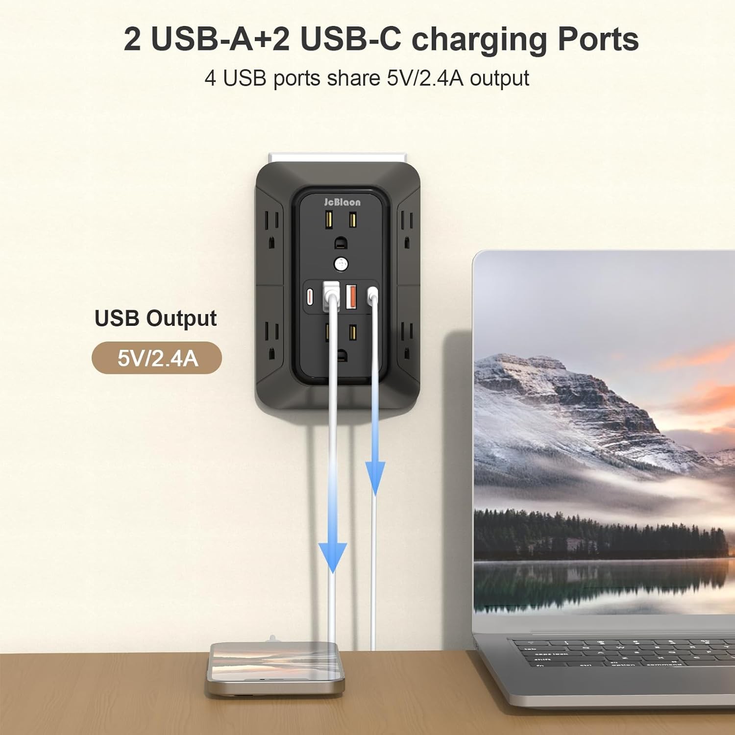 6 Outlet Surge Protector Wall Adapter – Multi Plug Extender w/4 USB Ports, Black