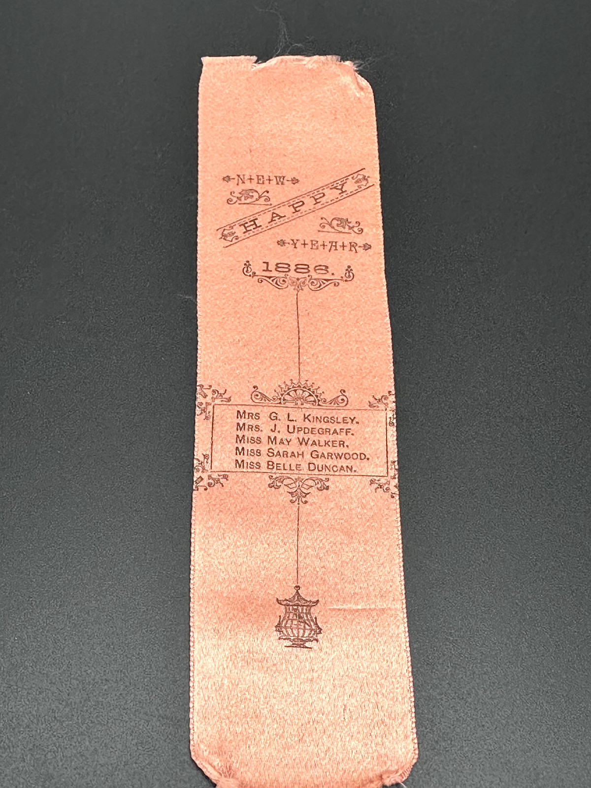 PEACH 1886 HAPPY NEW YEAR RIBBON - KINGSLEY, UPDEGRAFFF, WALKER, GARWOOD, DUNCAN