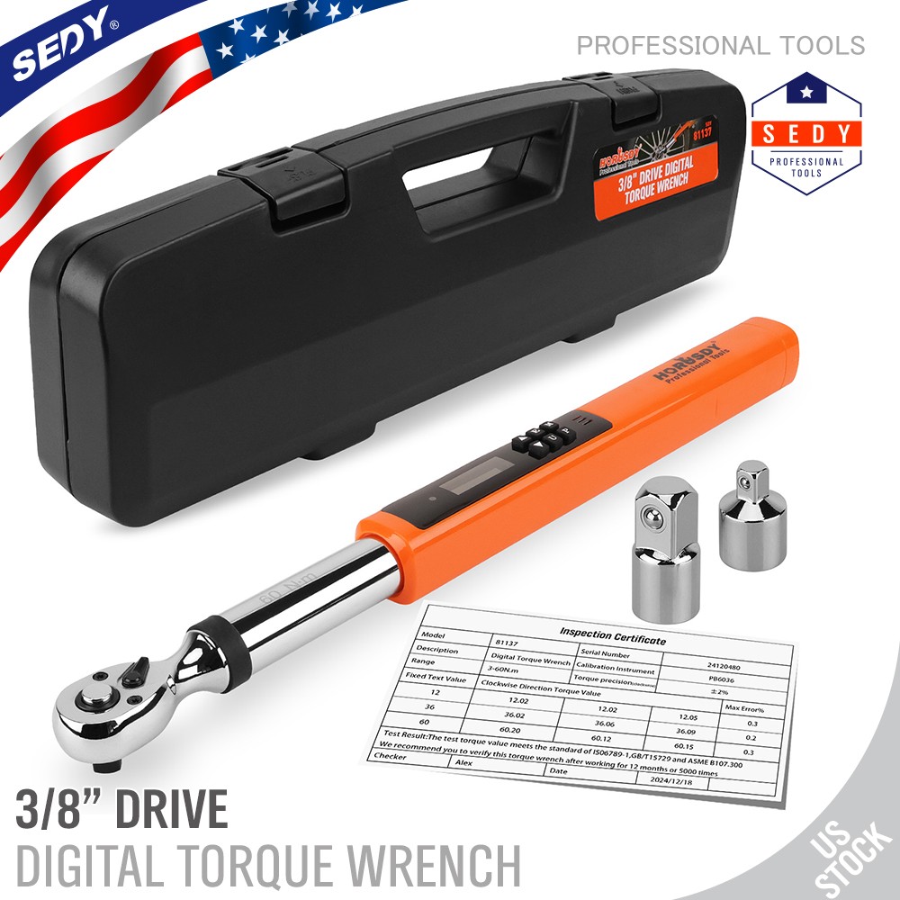 3/8'' Digital Torque Wrench Set Electronic 4.4~44.3Ft-Lb/3-60N.m Adapter 1/2 1/4