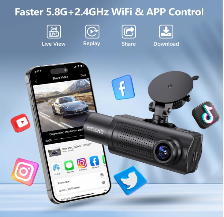 SHRINLUCK 4K+1080P+1080P 5.8GHz WiFi Dash Cam Front and Rear Inside, 64G SD