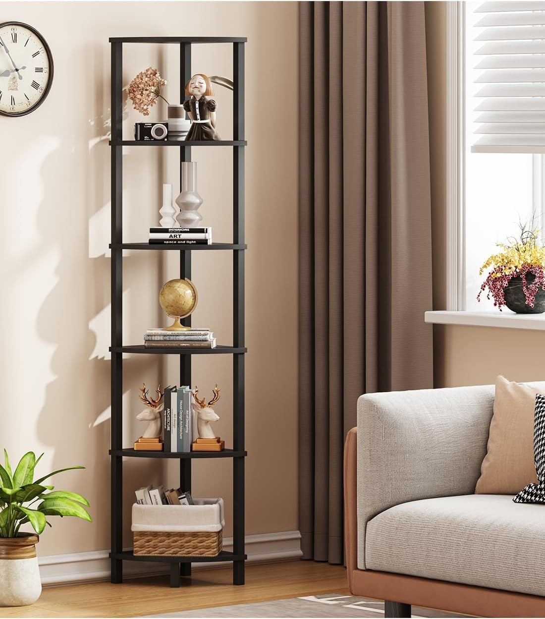 Elegant 6-Tier Industrial Corner Shelf - Customizable Storage Solution