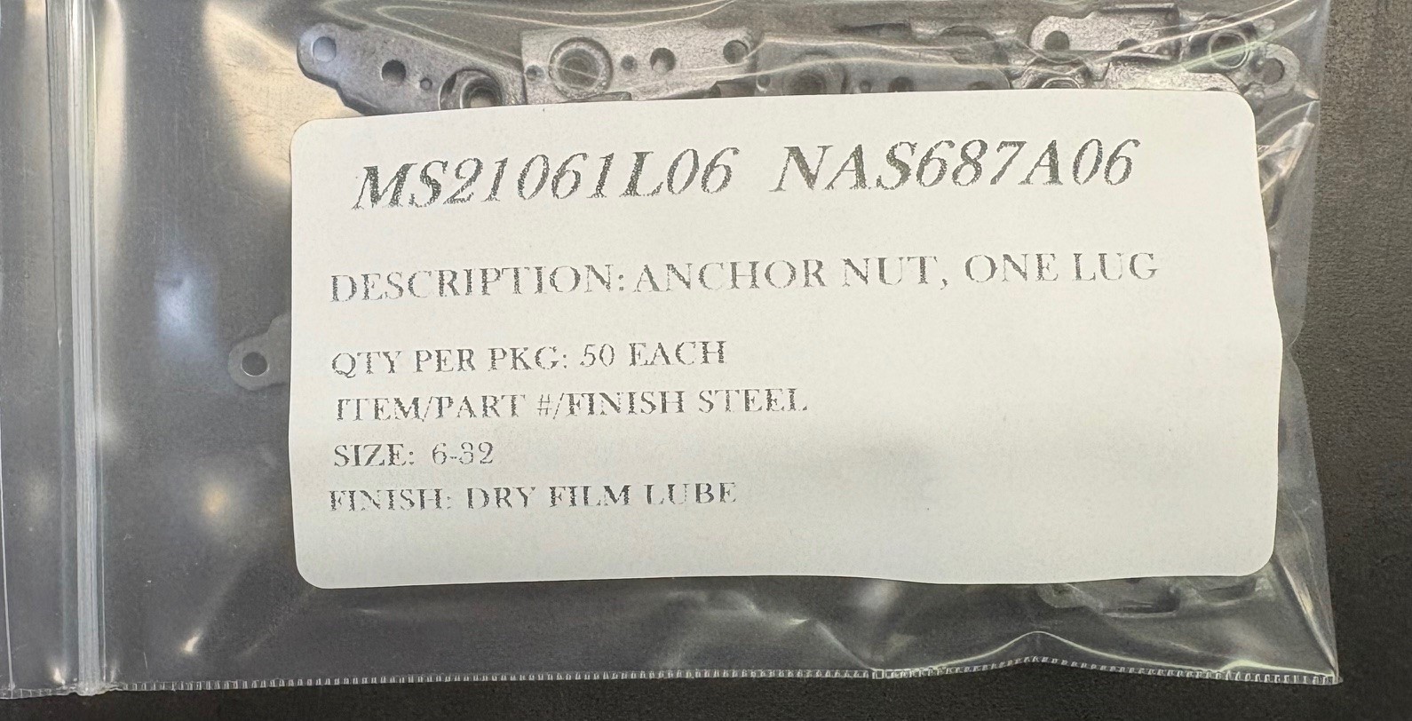 MS21061L06 NAS687A06 ANCHOR NUT FLOATING 1 LUG PACK 50/EA 6-32 THREAD