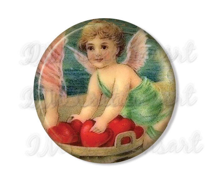 Sharing Hearts Vintage Cupids Valentine Round Mirror, Magnet, or Pin 2.25"