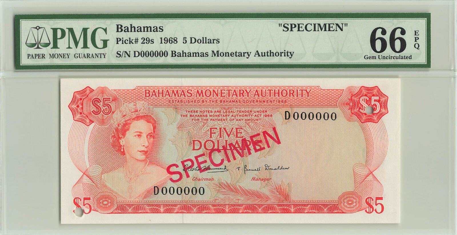 BAHAMAS $5 Dollars 1968, P-29s SPECIMEN, PMG 66 EPQ Gem UNC, Monetary Authority