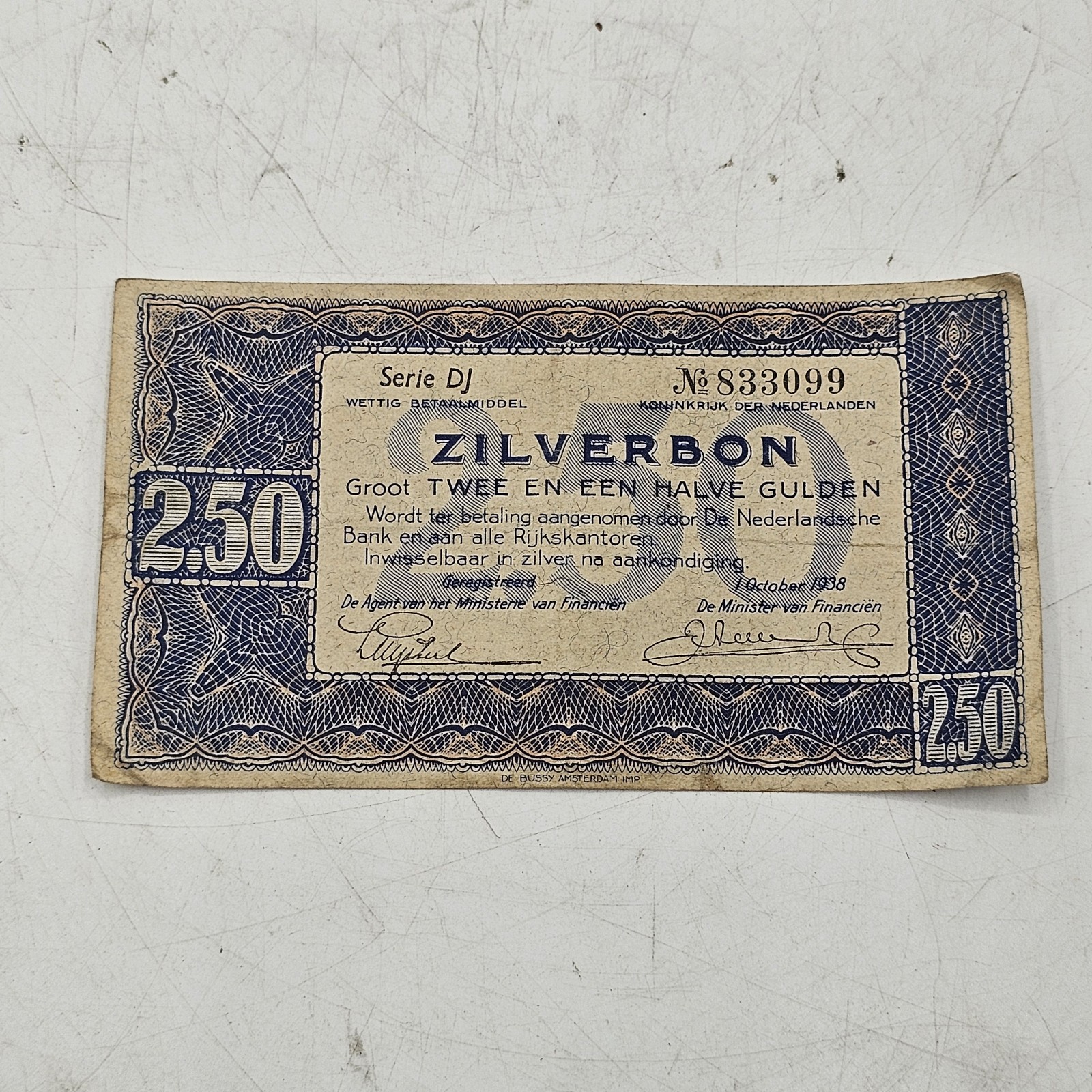 Vintage Netherlands 2½ Gulden Silver Voucher October 1938 Crisp