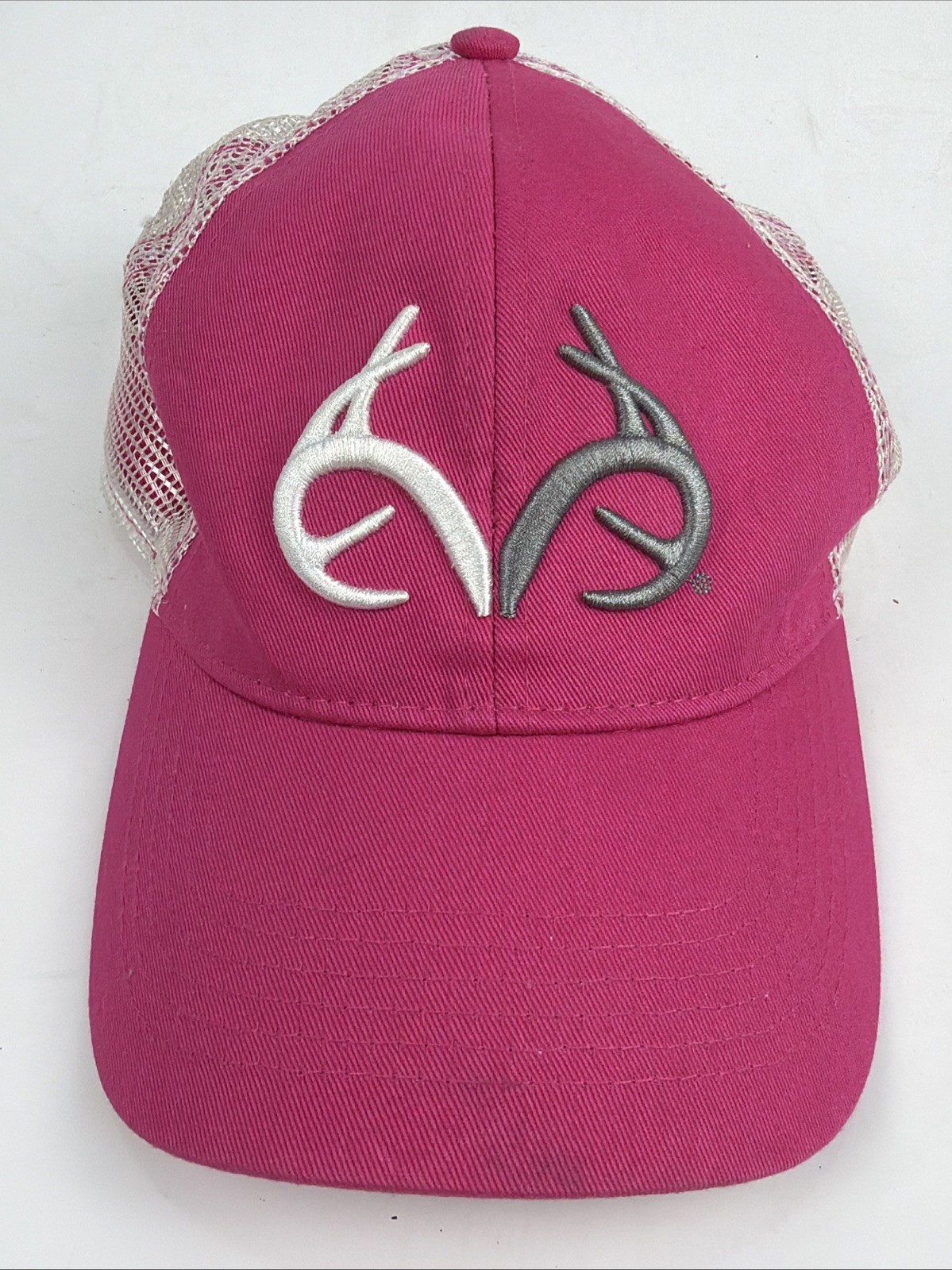 Realtree Camo Pink White/Grey Antlers Mesh Snapback Hunting Womens Trucker Hat