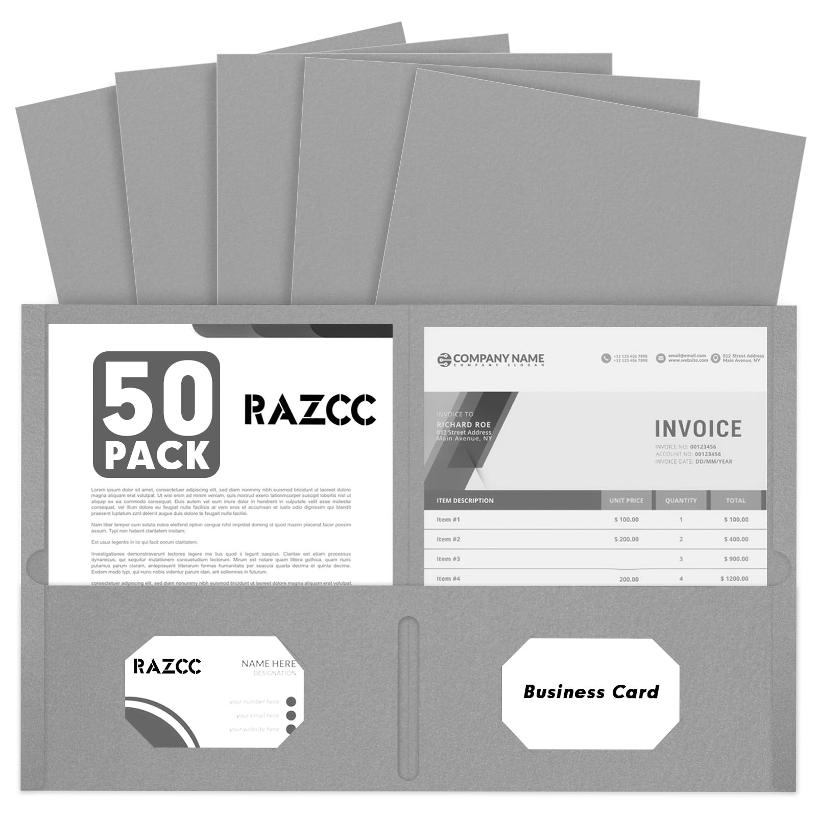 Two Pocket Folders, 50 Pack, Letter Size, Grey