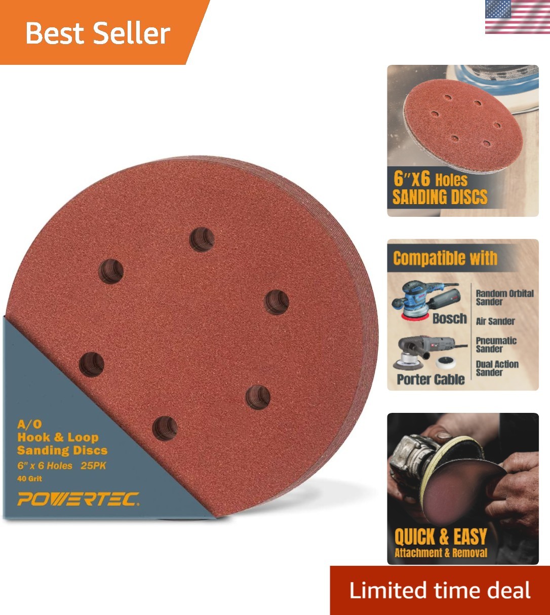 40 Grit Hook and Loop 6-Inch Sanding Discs - 25 Pack for Woodworking