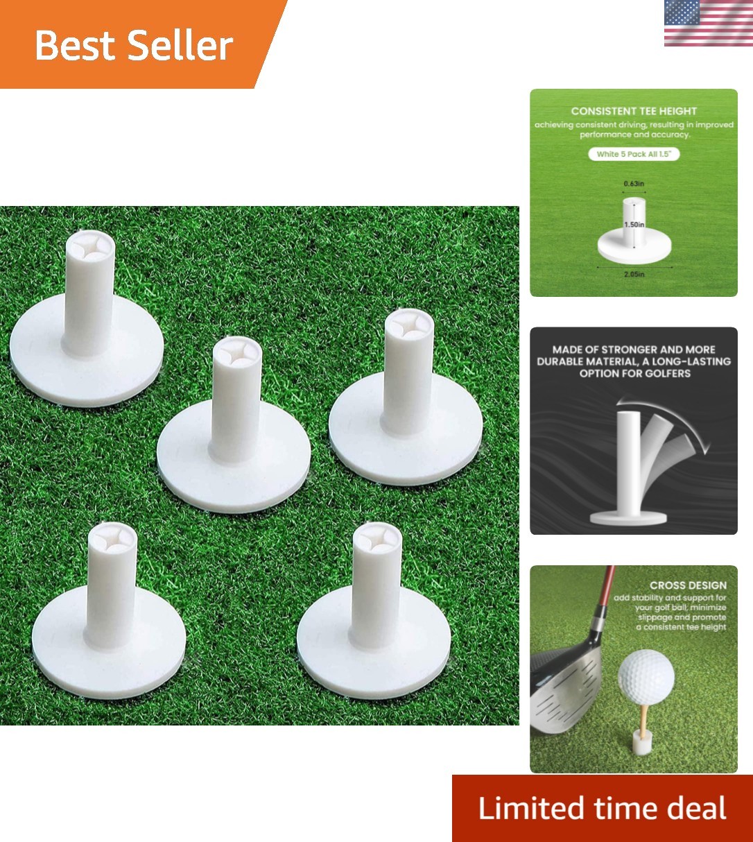 Golf Rubber Tee Driving Range Value 5 Pack for Indoor Outdoor Practice Mat, T...