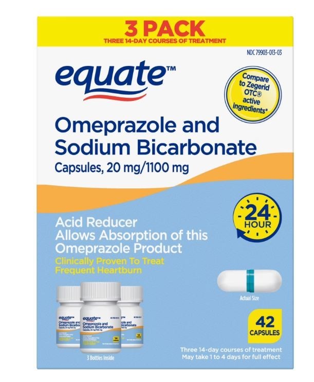 Equate Omeprazole and Sodium Bicarbonate Capsules, 20 mg/1100 mg, Acid Reducer,