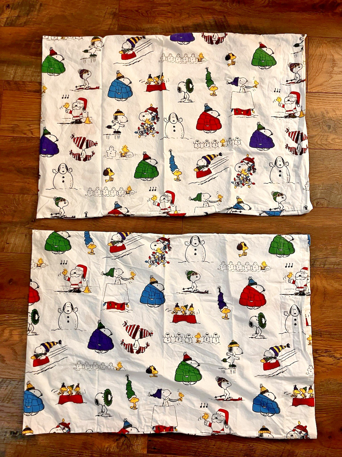 Pair Pottery Barn Kids Peanuts Snoopy Christmas Holiday Winter Pillowcases