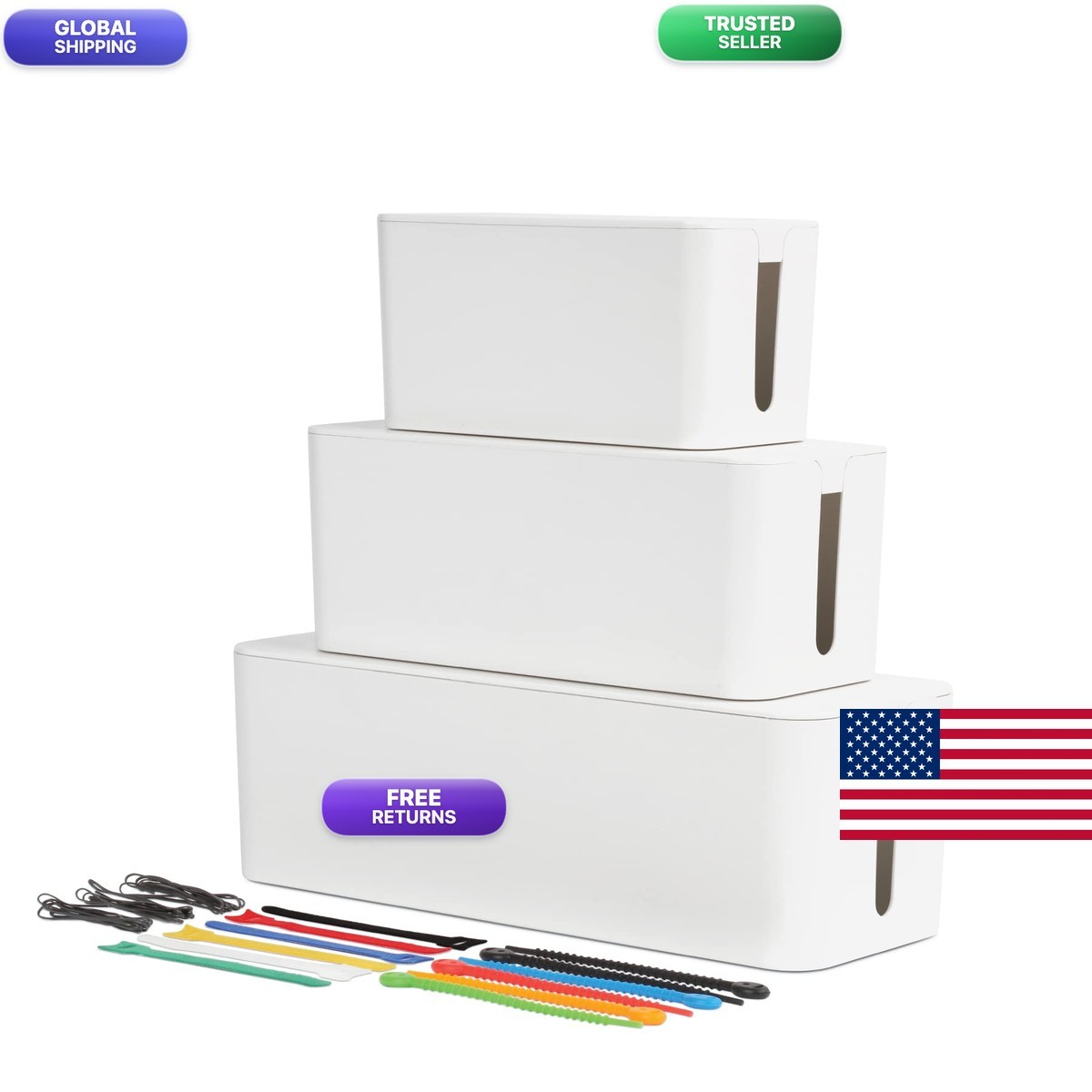 Oxford Cable Management Boxes 3 Pack Small Medium Large White 27800