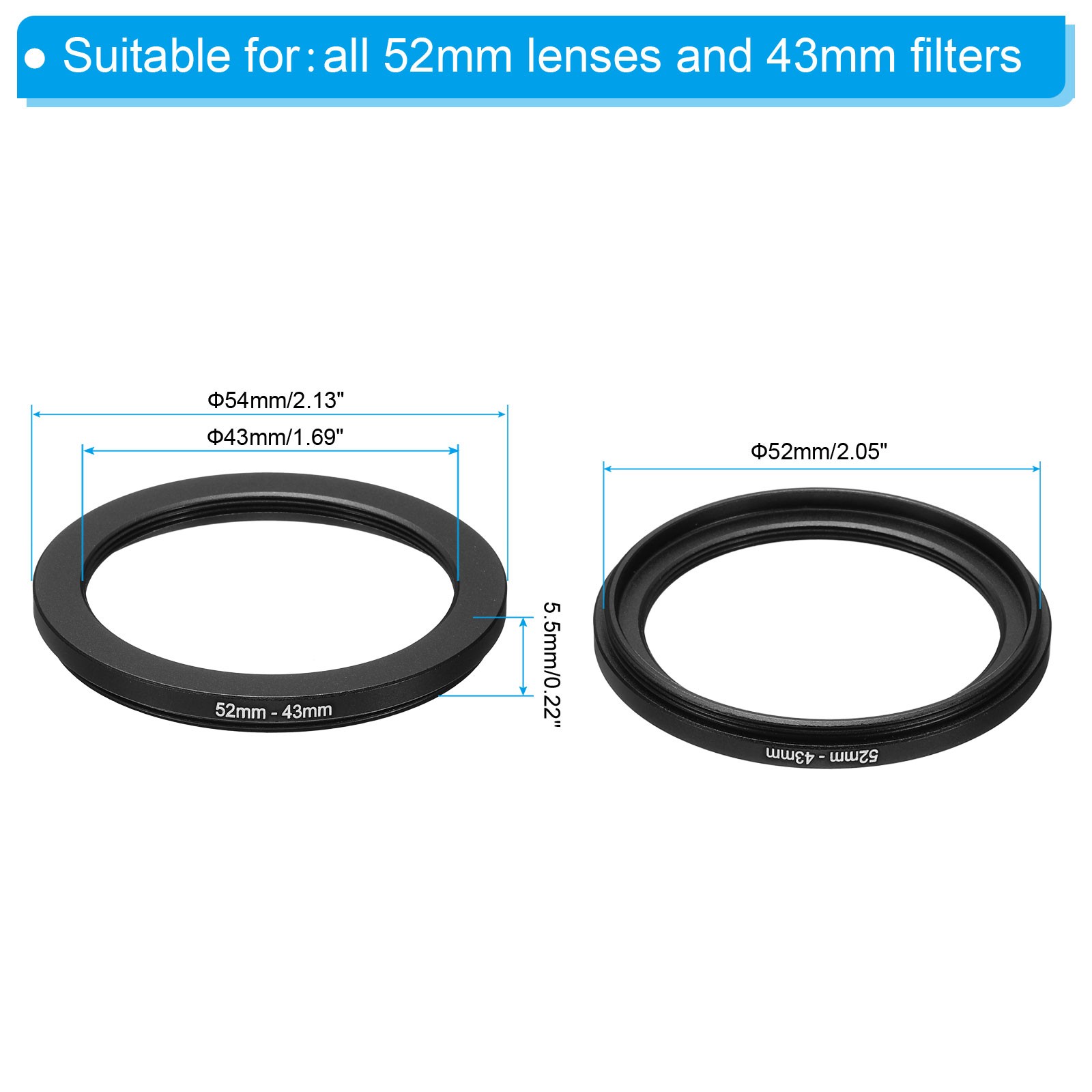 52mm-43mm Metal Step Down Ring Camera Lens Filter Adapter Ring Aluminum Filter