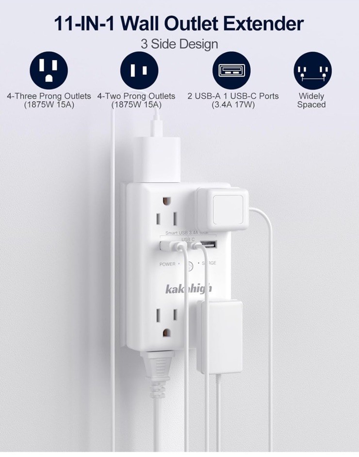 Kakahigh 8 way outlet 1680J Surge protected Muli plug wall outlet W/ USB ports
