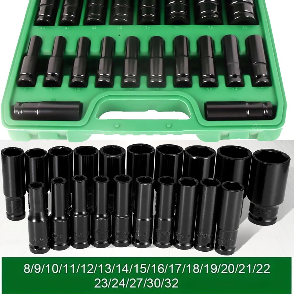 20Pcs 1/2" Inch Deep Impact Socket Set Drive 8-32mm Metric Garage Sae With Case