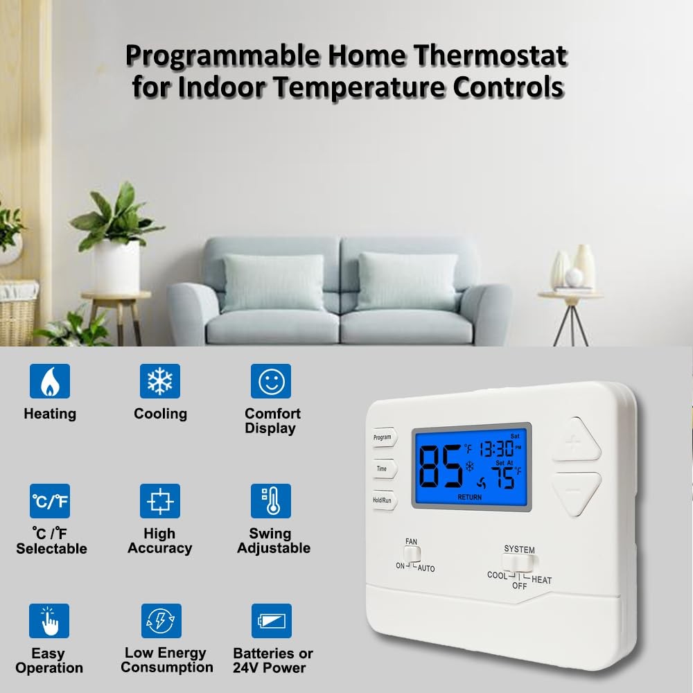 Programmable Thermostat for House, 511 Day Programmable Digital EnergySaving ...
