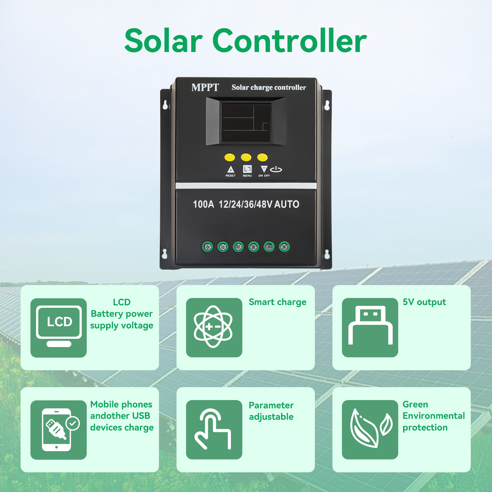 4800W MPPT Solar Charge Controller 100A/12V 24V 36V 48V USB Battery PV Regulator