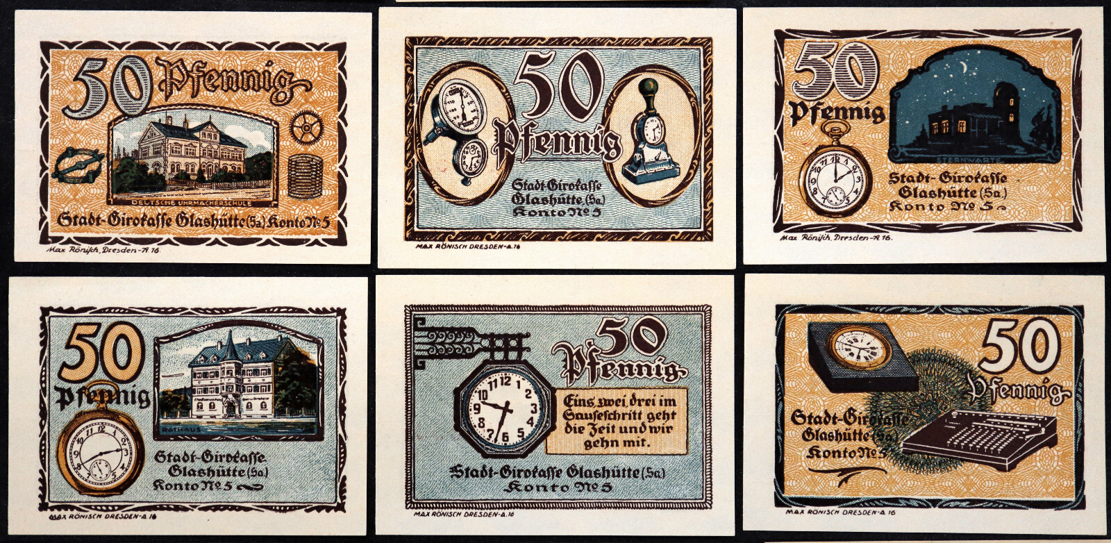 GLASHÜTTE 1921 "Clocks/Precision Industries" RARE Complete 18-note Set Notgeld