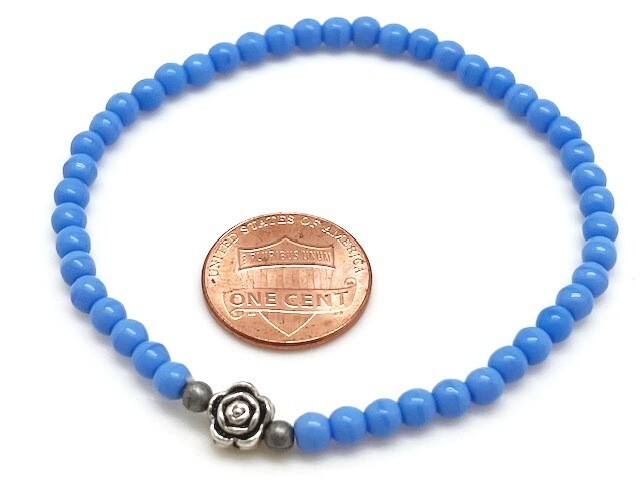 Opaque Blue 4mm Czech Glass Slip on Stretch Bracelet w Silver Rose  7 inches