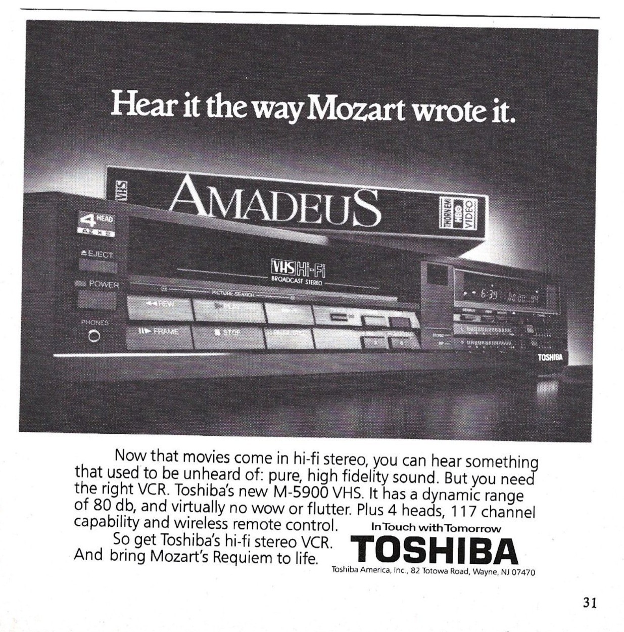 Toshiba M-5900 VHS Hi-Fi Stereo VCR Print Ad Featuring Amadeus Movie ADVERT 1980