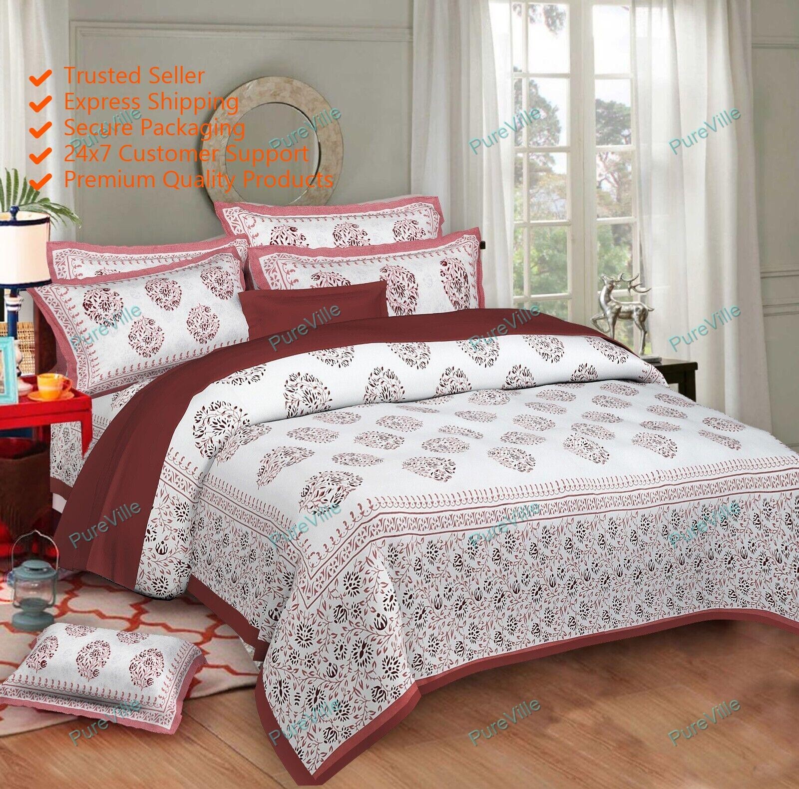 Indian Floral Pattern 100% Cotton Double Bed Sheet With 2 Pillowcase, Pink