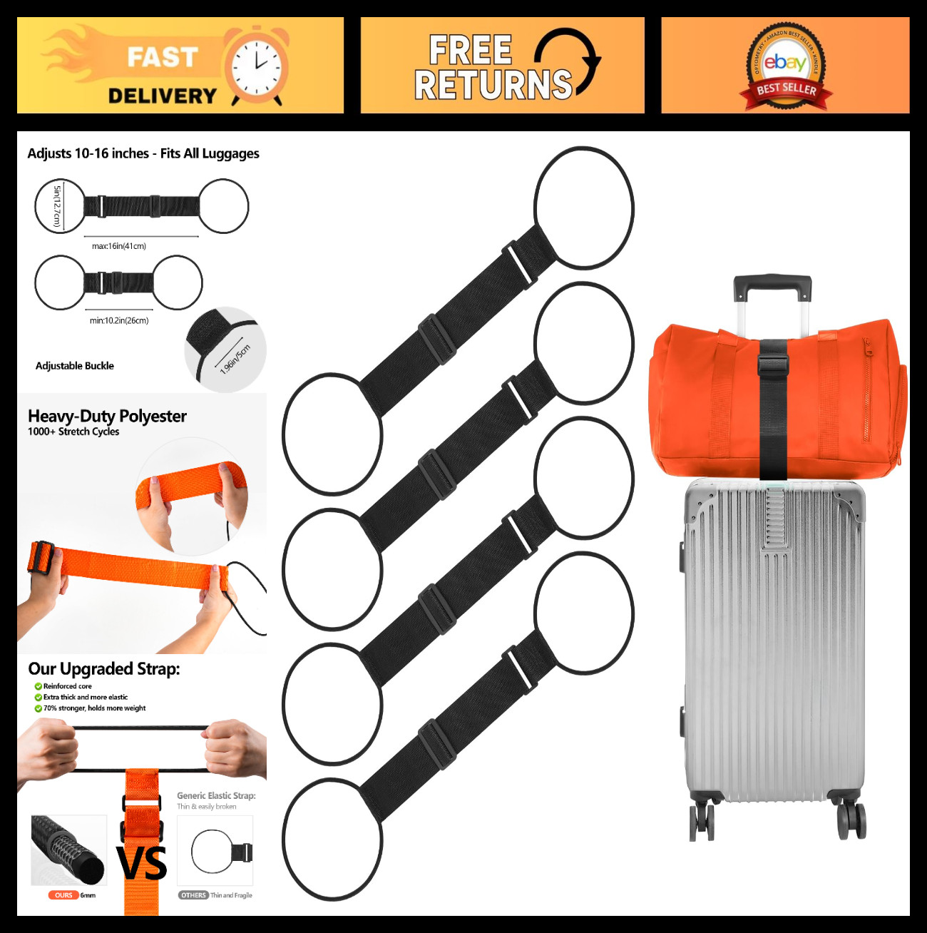 Adjustable Luggage Connector Straps 4-Pack - Securely Attach Bags & Coats, Light