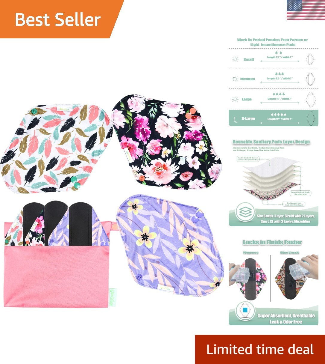 Eco-Friendly Reusable Sanitary Pads - Extra Heavy & Stylish Cloth Liners, 6 Pack