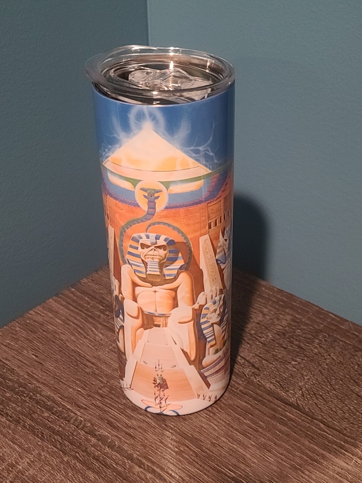 Iron maiden Powerslave/Eddie Mummy 20 oz skinny tumbler CUSTOM MADE NEW w 2 lids