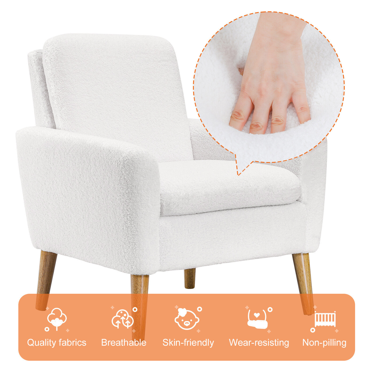 Accent Chair White Teddy Fabric Upholstered Comfortable Arm Chair Sofa Chair