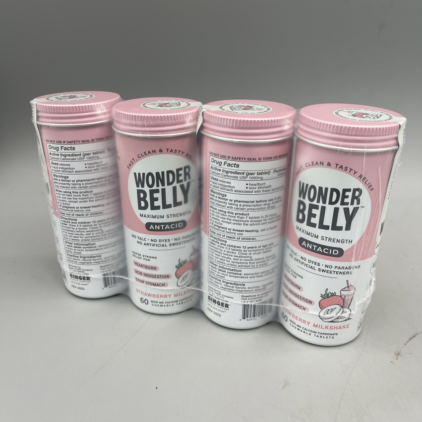 4 Pack Wonder Belly Max Strength Antacid Strawberry Milkshake 60 Tabs Exp 09/26